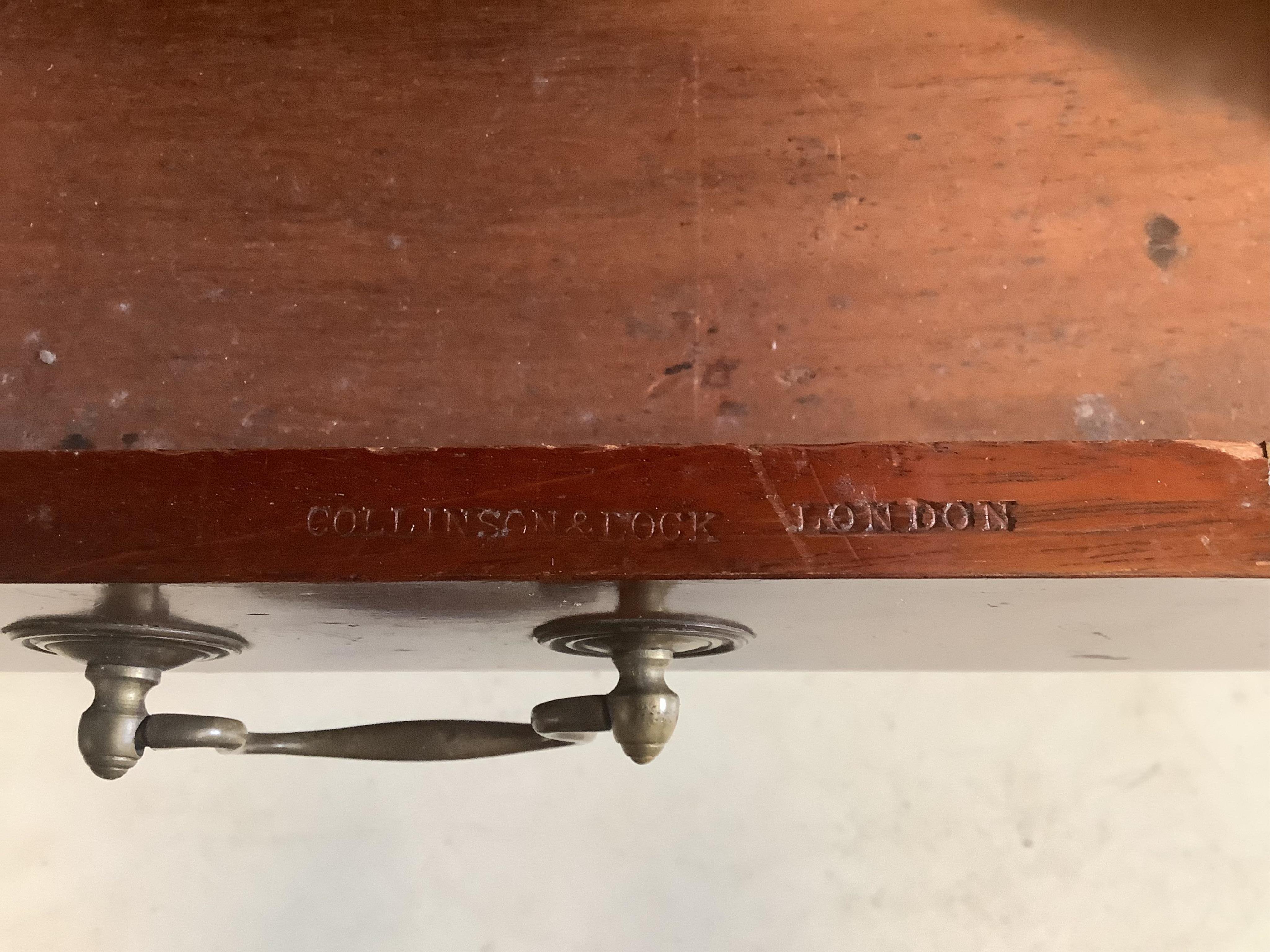 A late Victorian mahogany kneehole writing table by Collinson & Lock, width 109cm, depth 55cm, height 74cm. Condition - fair to good